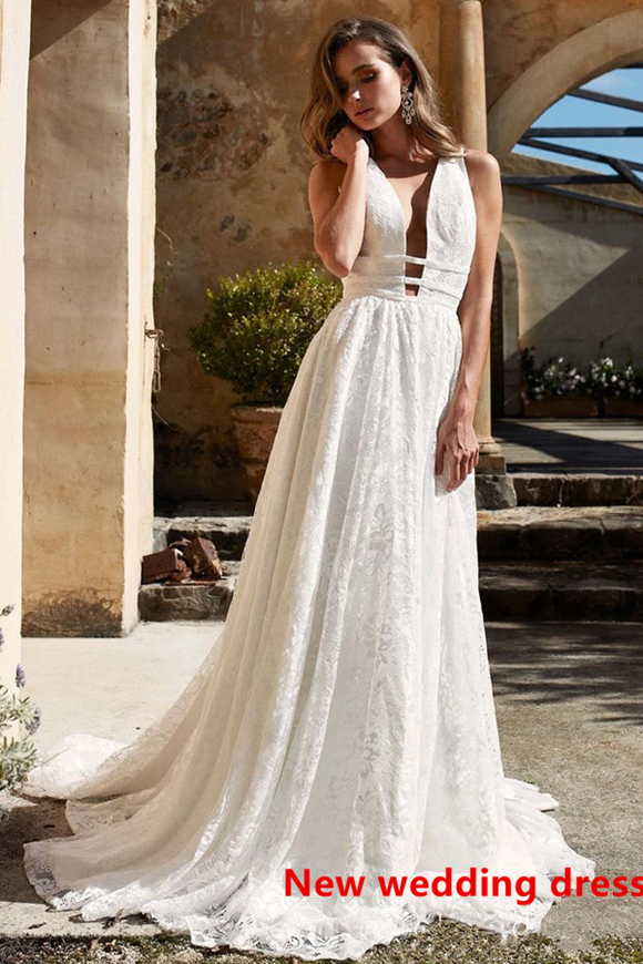 Promfast Rustic Lace Wedding Dress V neck Backless Wedding Dress for Sale PFW0553