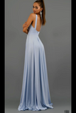 Promfast Deep V Neck Blue Long Prom Dresses Simple Bridesmaid Dresses PFB0161