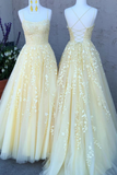Promfast A Line Tulle Yellow Spaghetti Straps Prom Dresses with Appliques, Party Dress PFP2014