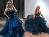 Promfast Shiny V Neck Dark Blue Long Prom Dress with Belt, Fluffy Blue Formal Evening Dress, Sparkly Blue Ball Gown PFP2046