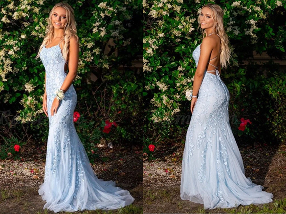 Promfast Blue Lace Prom Dresses Long, Evening Dress, Dance Dress, Grad