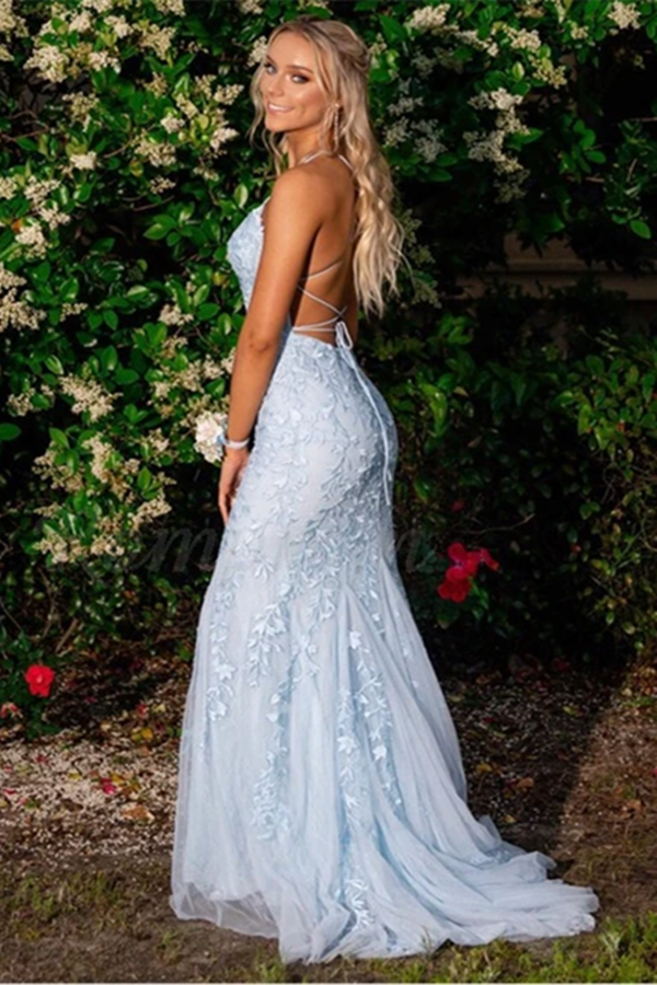 Promfast Blue Lace Prom Dresses Long, Evening Dress, Dance Dress, Grad