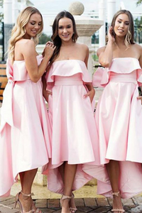Promfast Pink Strapless Asymmetric Satin Bridesmaid Dresses, Cheap Bridesmaid Dresses for Sale PFB0164