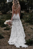 Promfast Tulle Lace Mermaid Backless Deep V Neck Wedding Dresses, Bridal Gown PFW0594