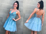 Promfast A Line V Neck Lace Appliques Tulle Sky Blue Homecoming Dress, Short Prom Dress With Straps PFP2078