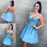 Promfast A Line V Neck Lace Appliques Tulle Sky Blue Homecoming Dress, Short Prom Dress With Straps PFP2078