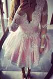 Promfast Cute A line Long Sleeves Pink Short Lace Appliques V Neck Homecoming Dress PFH0346