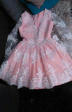 Promfast Cute A line Long Sleeves Pink Short Lace Appliques V Neck Homecoming Dress PFH0346