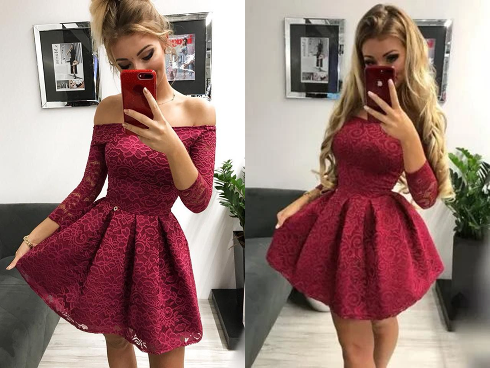 Promfast Cute Off the Shoulder Long Sleeves Burgundy Lace Homecoming D Promfast Cute Off the Shoulder Long Sleeves Burgundy Lace Homecoming D