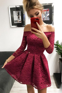 Promfast Cute Off the Shoulder Long Sleeves Burgundy Lace Homecoming Dresses Sweet 16 Dresses PFH0348