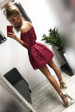 Promfast Cute Off the Shoulder Long Sleeves Burgundy Lace Homecoming Dresses Sweet 16 Dresses PFH0348