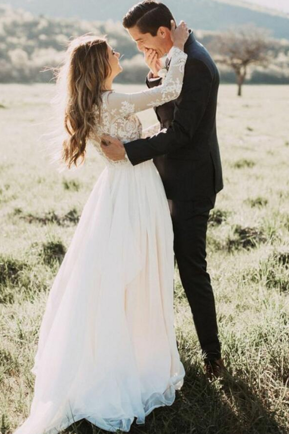 Promfast Vintage Long Sleeve Ivory Lace Chiffon Scoop Wedding Dresses Promfast Vintage Long Sleeve Ivory Lace Chiffon Scoop Wedding Dresses
