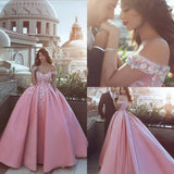 Pink Off the Shoulder Ball Gown Lace Appliques Satin Prom Dress PFP0352