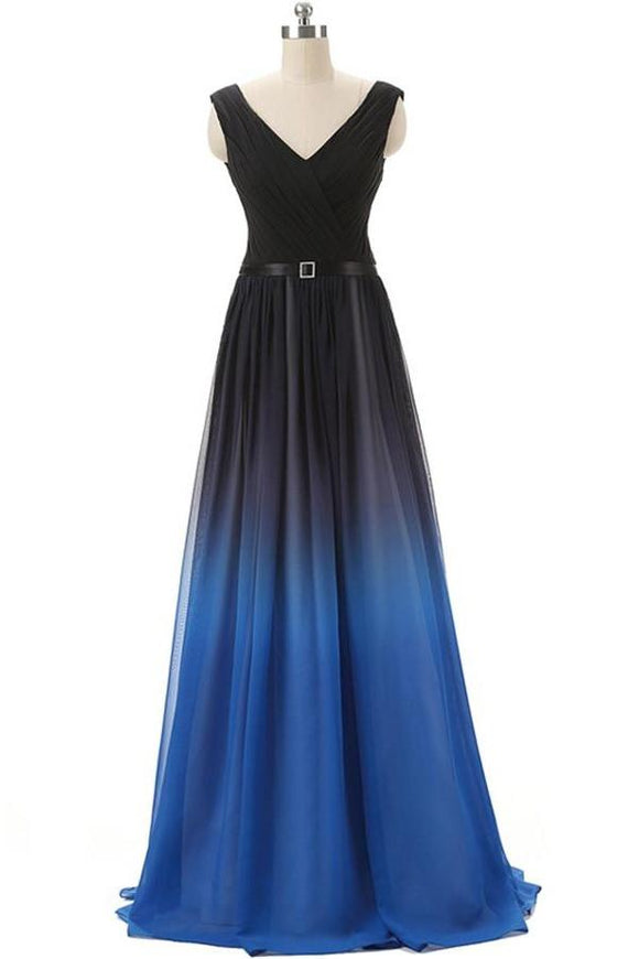 Black And Royal Blue Gradient Ombre Chiffon Back Up lace Prom Dresses PFP1257