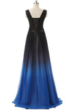 Black And Royal Blue Gradient Ombre Chiffon Back Up lace Prom Dresses PFP1257