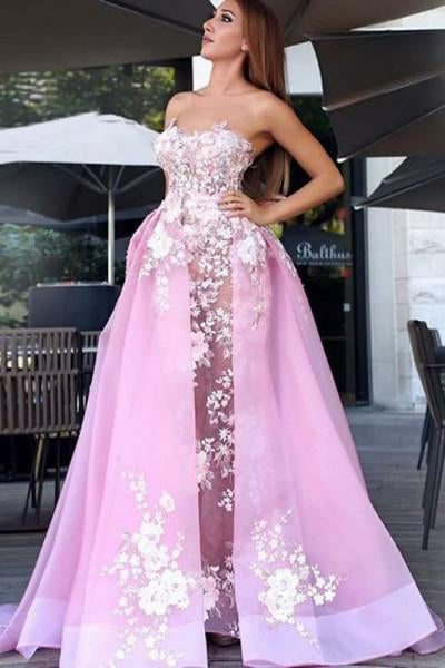 New A-Line Sweetheart Sweep Train Pink Tulle Prom Dress with Lace Appliques PFP0354