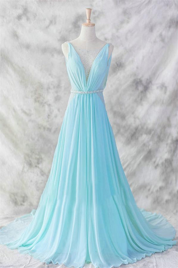 Ice Blue Simple Deep V-neck Beaded Open Back Prom Dresses PFP1258