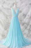 Ice Blue Simple Deep V-neck Beaded Open Back Prom Dresses PFP1258