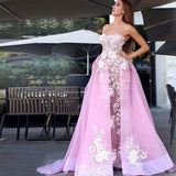 New A-Line Sweetheart Sweep Train Pink Tulle Prom Dress with Lace Appliques PFP0354