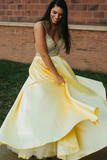 Promfast A Line Spaghetti Straps Backless Yellow Satin Prom Dress With Beading PFP1887