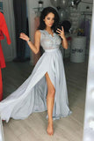 Elegant Gray Chiffon Split Long Sleeveless V Neck Prom Dresses PFP0356