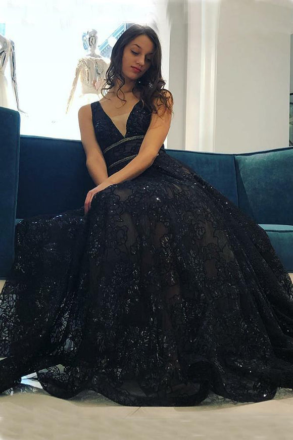 Beautiful A-Line V-Neck Floor-Length Black Lace Long Prom Dress PFP0357