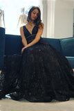 Beautiful A-Line V-Neck Floor-Length Black Lace Long Prom Dress PFP0357