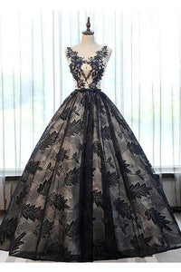 2019 Ball Gown Black Lace Long Prom Dresses With Applique PFP0359