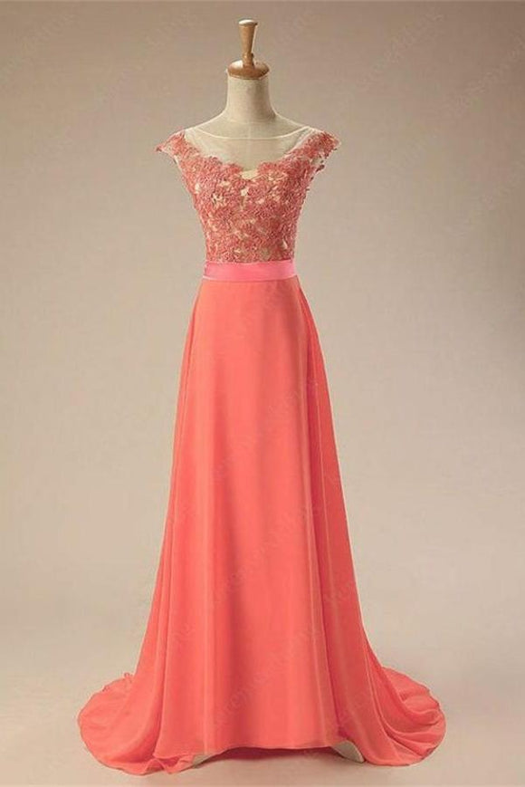 Elegant Watermelon Charming Long Chiffon Lace Prom Dresses PFP1263