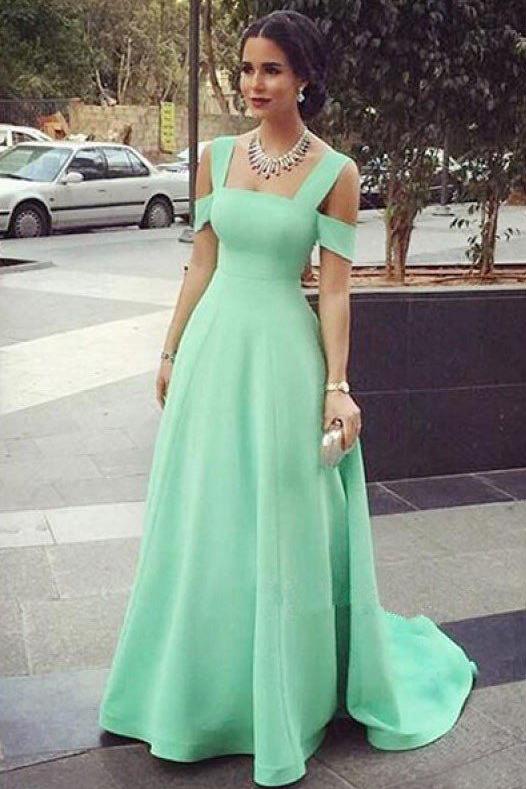 Mint Green A Line Off Shoulder Satin Long Prom Dresses Evening Dresses PFP0360
