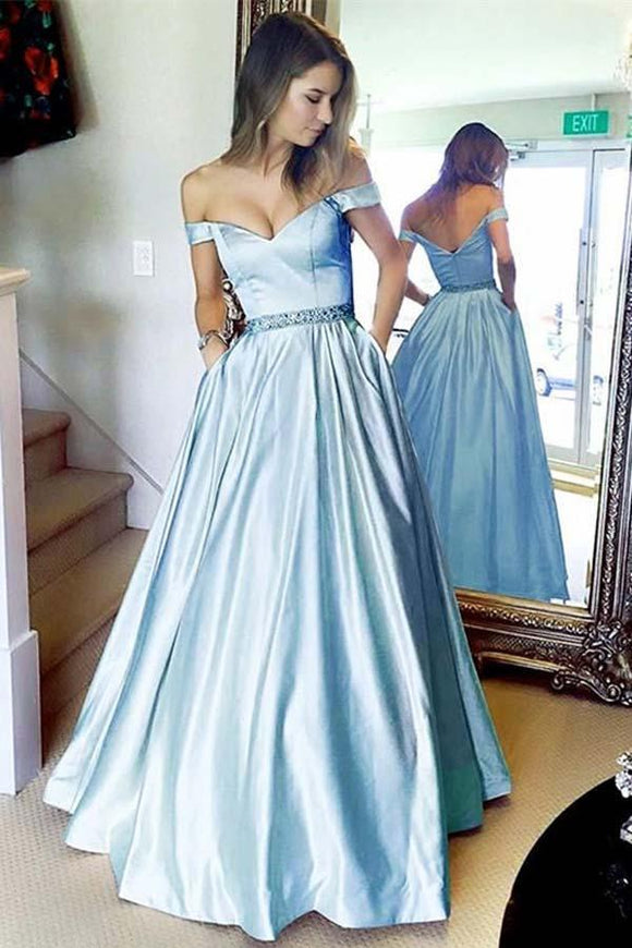 Stunning A-line Off the shoulder Sky Blue Long Prom Dress with Pocket