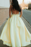 Promfast A Line Spaghetti Straps Backless Yellow Satin Prom Dress With Beading PFP1887