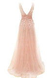 Charming Long Blush Pink Lace Elegant A-line Prom Dresses PFP1266