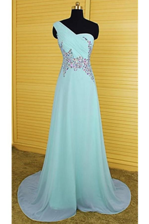 One Shoulder Light Sky Blue Long Beaded Chiffon Prom Dresses PFP1267