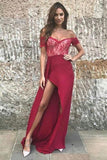 Charming Burgundy Long Off the Shoulder Sexy Slipped Prom Dress PFP0362