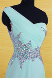 One Shoulder Light Sky Blue Long Beaded Chiffon Prom Dresses PFP1267