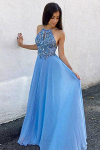 Unique A-Line Keyhole Blue Chiffon Long Prom Dress with Beading PFP0363