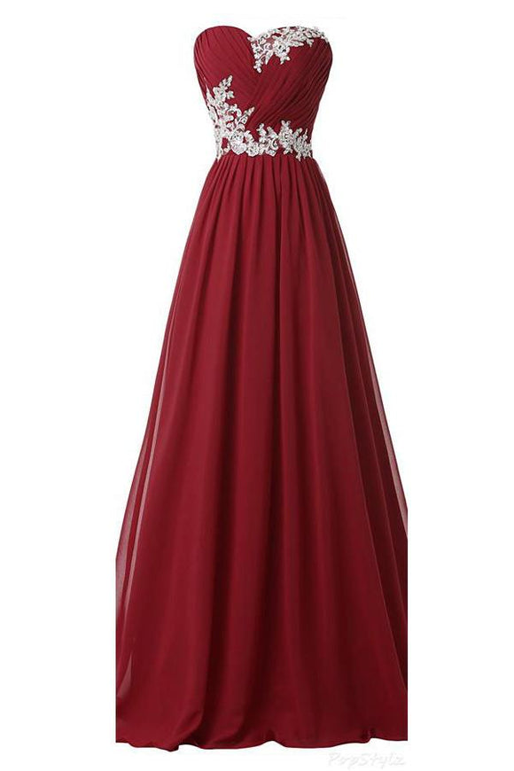 Burgundy Long Beaded Sweetheart Chiffon Lace Prom Dresses PFP1268