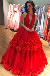 Charming Deep V Neckline Layered Tulle Red Prom Dresses Ball Gowns PFP ...