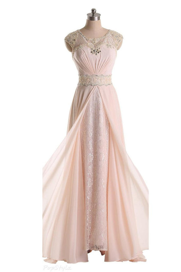 Pink Cap Sleeves Lace Long Beaded Chiffon Prom Dresses PFP1269