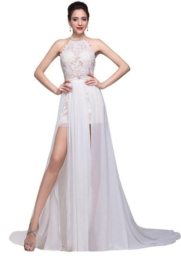 Lace Long Chiffon White Halter Open Back Prom Dresses PFP1270