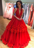 Charming Deep V Neckline Layered Tulle Red Prom Dresses Ball Gowns PFP0364