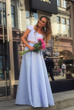 Cheap Light Blue Satin Two Piece Lace Top Floor Length Prom Dress PFP0365
