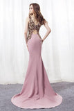 Elegant Mermaid Pink Sweep Train Bateau Long Prom Dress With Beading PFP0368