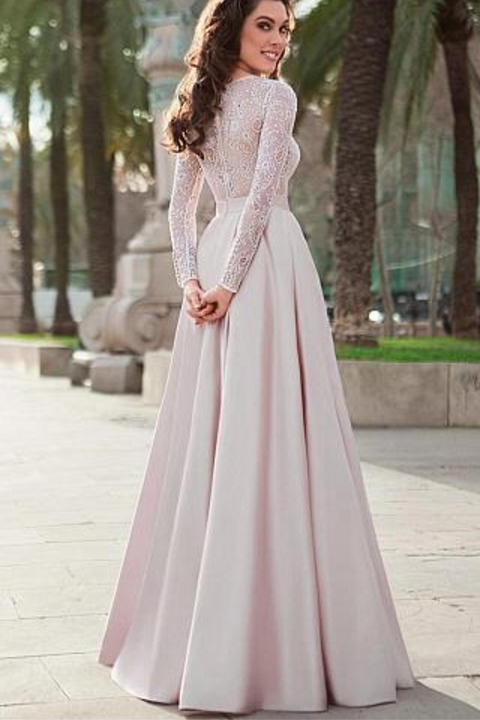 Lace Top Satin Jewel Neckline Long Sleeves A-line Prom Dress Evening D Promfast Lace Top Satin Jewel Neckline Long Sleeves A-line Prom Dress Evening D Promfast