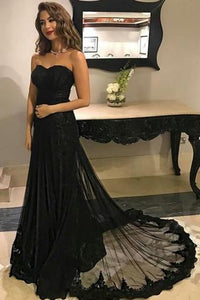 Sweetheart Black Tulle Lace Long Prom Dresses For Teens,Graduation Party Dresses PFP0369