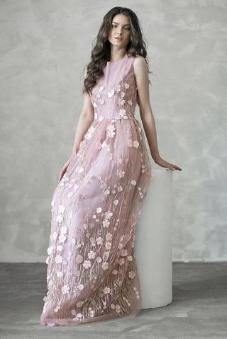 Chic A-line Long Pink Flowers Applique Cheap Prom Dress PFP0370