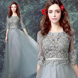 Grey Floor-length Half Sleeve Tulle Long Prom Dress,A line Evening Dress PFP0371