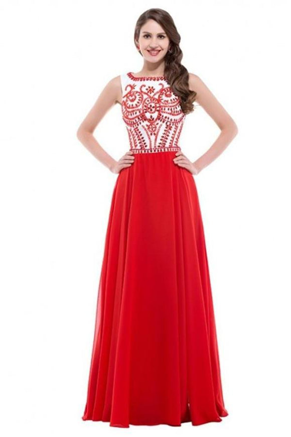 A-line Long Red Beaded Chiffon Prom Dresses PFP1274