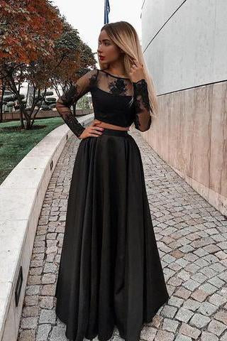 Two Piece Long Sleeve Floor-Length Black Prom Dress with Lace Appliques